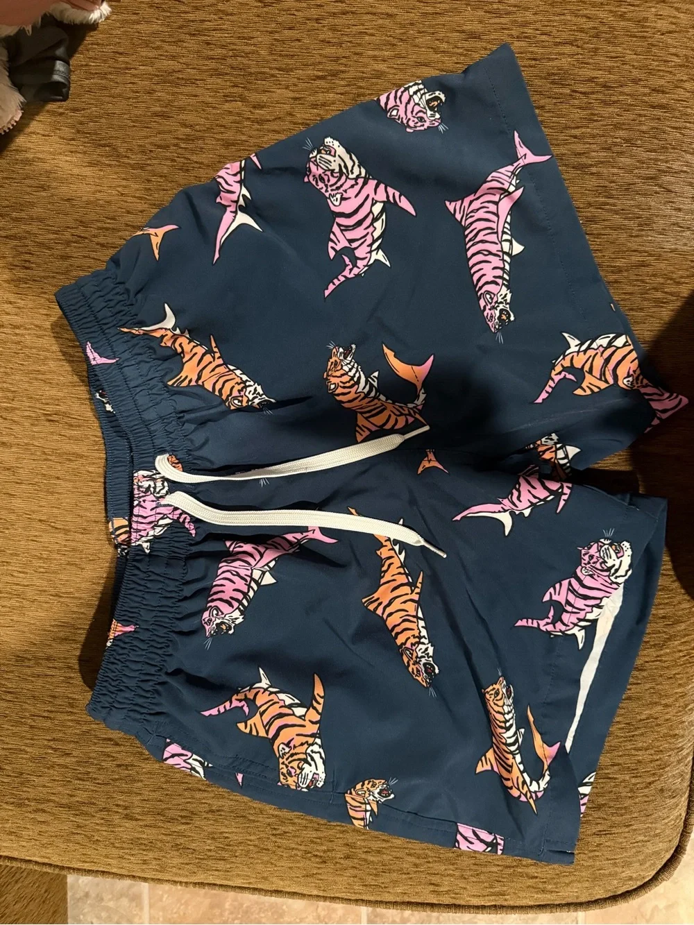 chubbies Navy Swim Shorts with Pink & Orange Tiger Accent